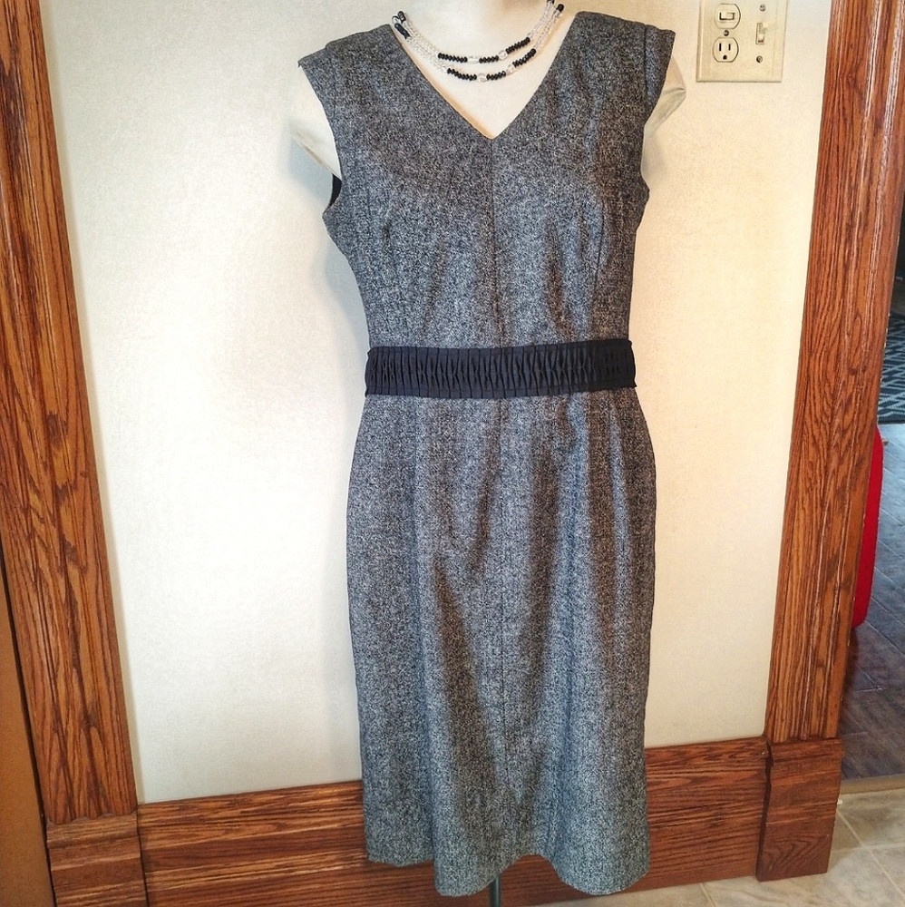 Banana Republic Gray Midi Sheath Dress with Black Waistband